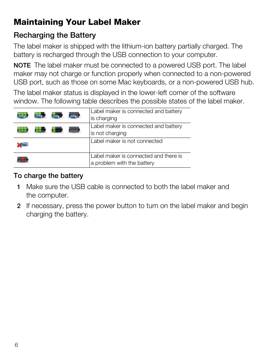 Maintaining your label maker, Recharging the battery | Dymo LabelManager PnP User Manual | Page 10 / 38