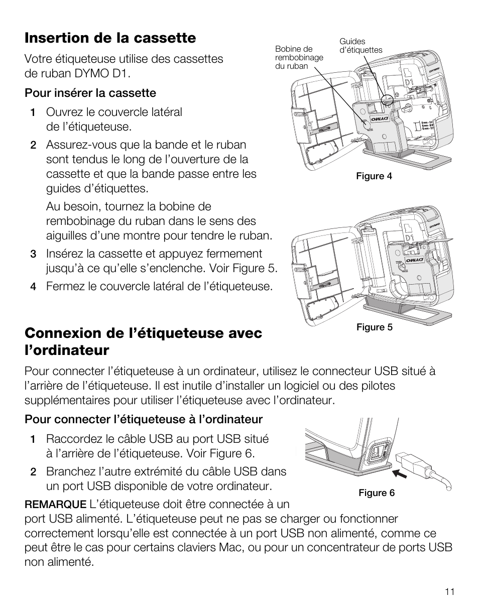 Insertion de la cassette, Connexion de l’étiqueteuse avec l’ordinateur | Dymo LabelManager PnP User Manual | Page 15 / 38