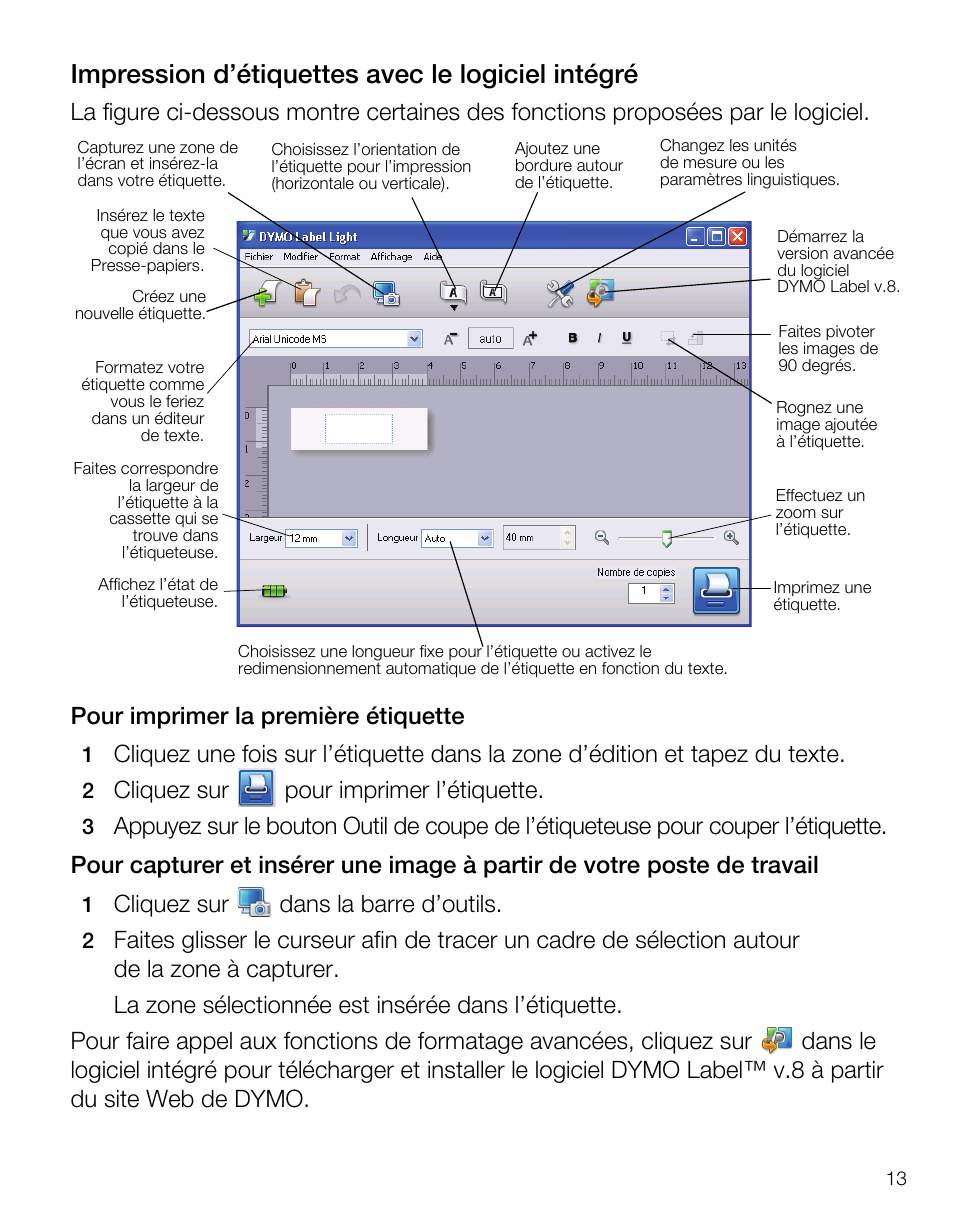 Impression d’étiquettes avec le logiciel intégré, Cliquez sur pour imprimer l’étiquette, Cliquez sur dans la barre d’outils | Dymo LabelManager PnP User Manual | Page 17 / 38