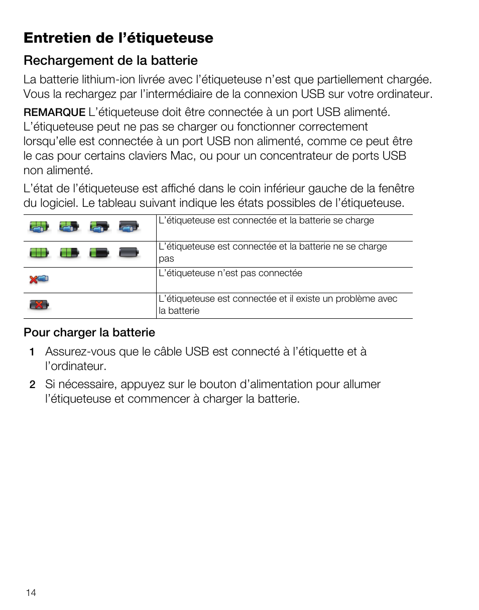 Entretien de l’étiqueteuse, Rechargement de la batterie | Dymo LabelManager PnP User Manual | Page 18 / 38