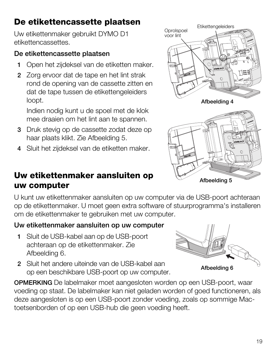 De etikettencassette plaatsen, Uw etikettenmaker aansluiten op uw computer | Dymo LabelManager PnP User Manual | Page 23 / 38