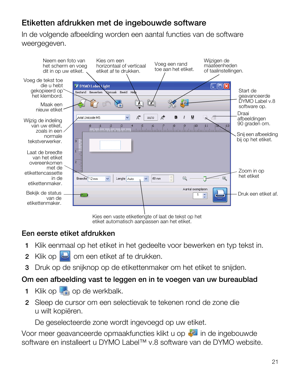 Etiketten afdrukken met de ingebouwde software, Klik op om een etiket af te drukken, Klik op op de werkbalk | Dymo LabelManager PnP User Manual | Page 25 / 38