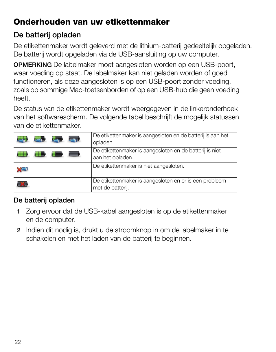 Onderhouden van uw etikettenmaker, De batterij opladen | Dymo LabelManager PnP User Manual | Page 26 / 38