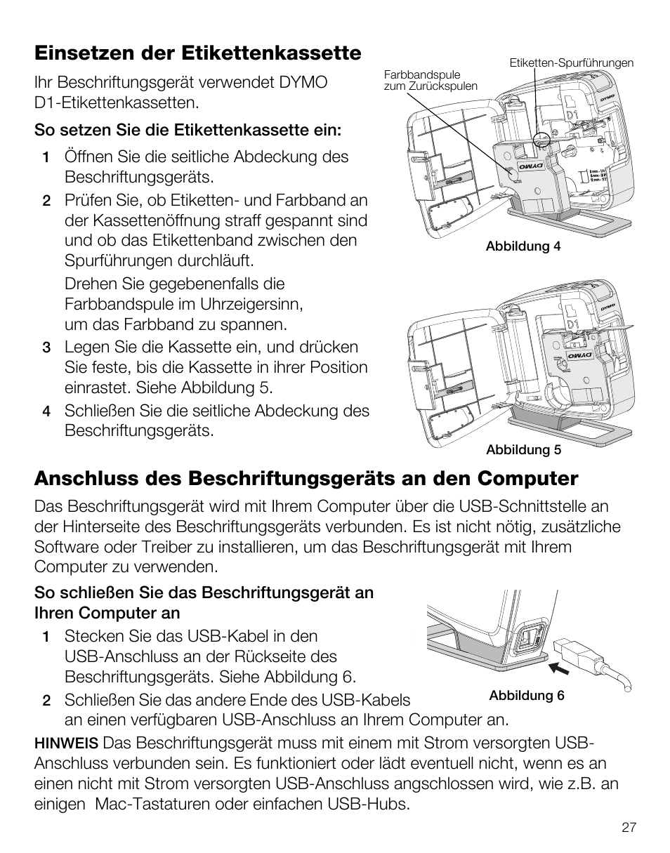 Einsetzen der etikettenkassette, Anschluss des beschriftungsgeräts an den computer | Dymo LabelManager PnP User Manual | Page 31 / 38