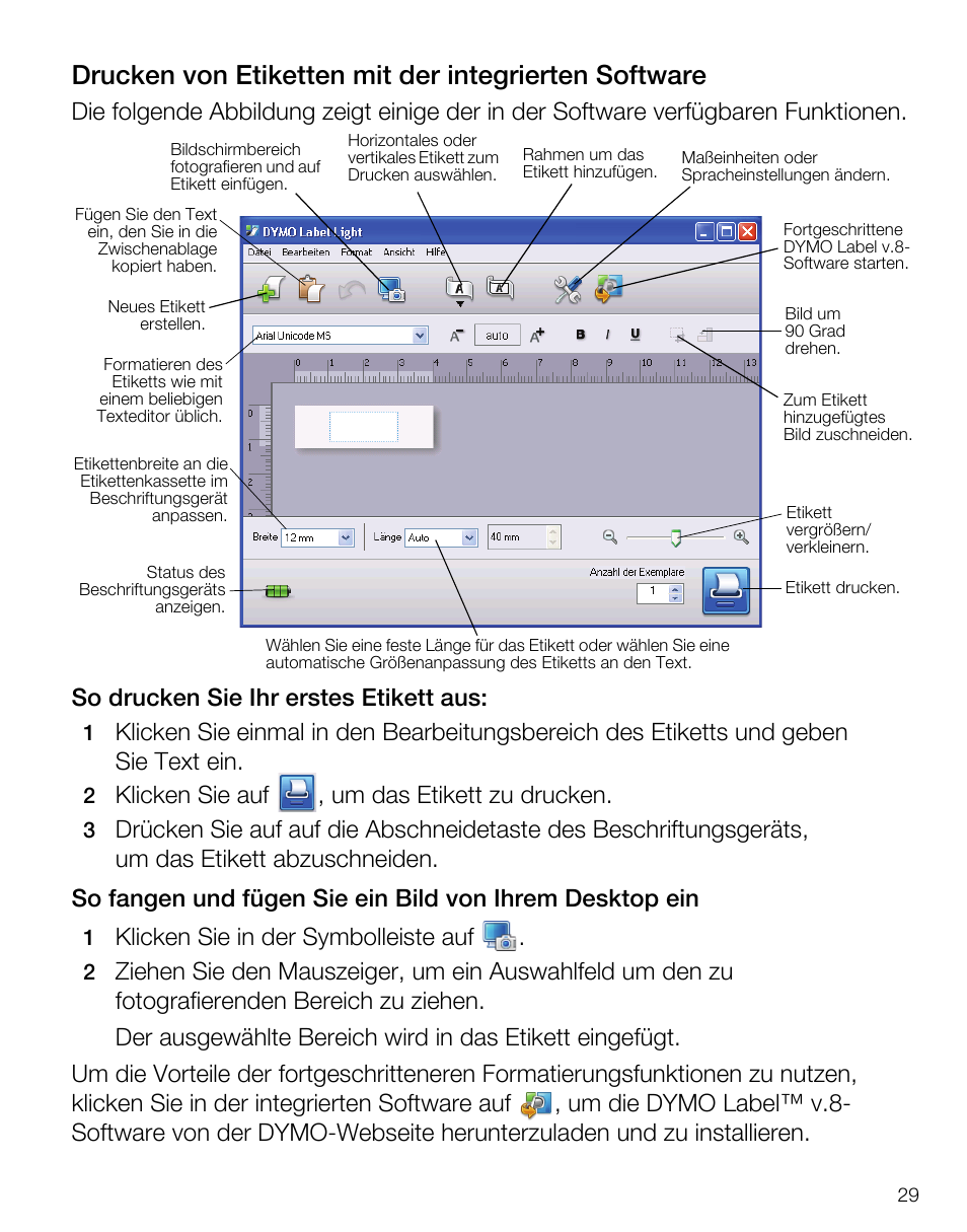 Klicken sie auf , um das etikett zu drucken, Klicken sie in der symbolleiste auf | Dymo LabelManager PnP User Manual | Page 33 / 38