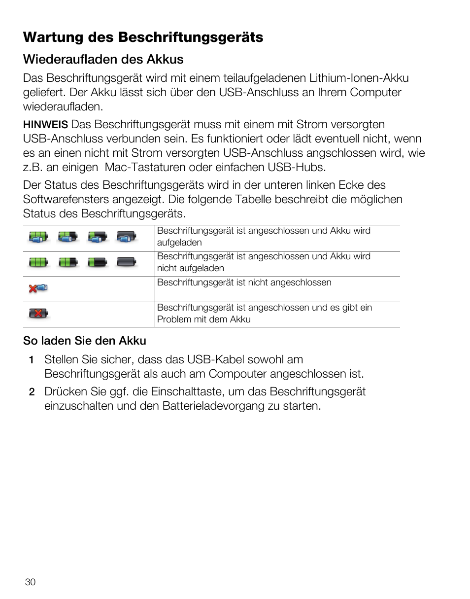 Wartung des beschriftungsgeräts, Wiederaufladen des akkus | Dymo LabelManager PnP User Manual | Page 34 / 38