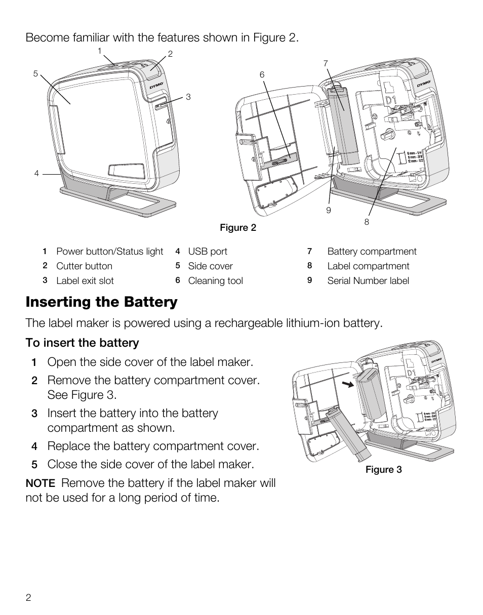 Inserting the battery, Open the side cover of the label maker, Replace the battery compartment cover | Close the side cover of the label maker | Dymo LabelManager PnP User Manual | Page 6 / 38