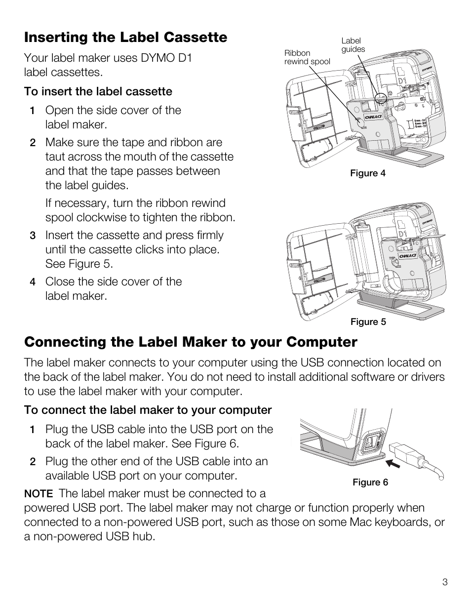 Inserting the label cassette, Connecting the label maker to your computer | Dymo LabelManager PnP User Manual | Page 7 / 38