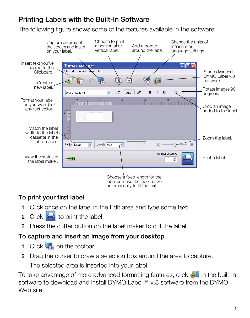 Printing labels with the built-in software, Click to print the label, Click on the toolbar | Dymo LabelManager PnP User Manual | Page 9 / 38