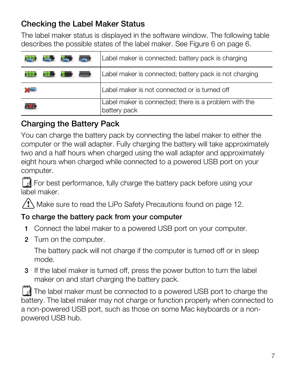 Checking the label maker status, Charging the battery pack | Dymo LabelManager Wireless PnP Quick Start Guide User Manual | Page 11 / 62