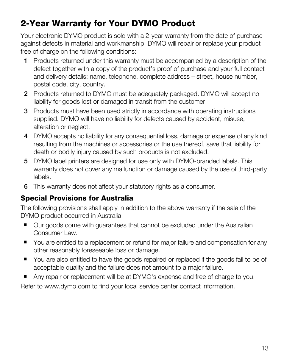 Year warranty for your dymo product | Dymo LabelManager Wireless PnP Quick Start Guide User Manual | Page 17 / 62