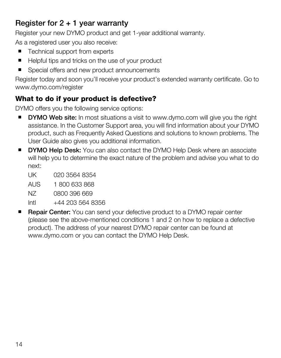 Register for 2 + 1 year warranty | Dymo LabelManager Wireless PnP Quick Start Guide User Manual | Page 18 / 62