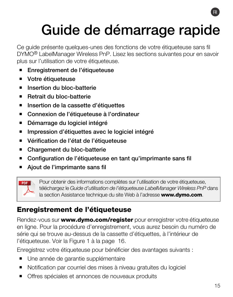 Guide de démarrage rapide, Enregistrement de l’étiqueteuse | Dymo LabelManager Wireless PnP Quick Start Guide User Manual | Page 19 / 62