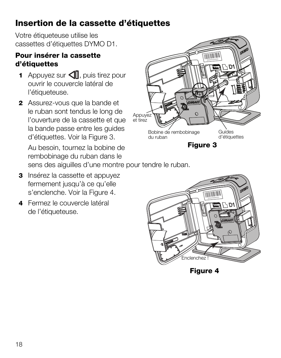 Insertion de la cassette d’étiquettes | Dymo LabelManager Wireless PnP Quick Start Guide User Manual | Page 22 / 62