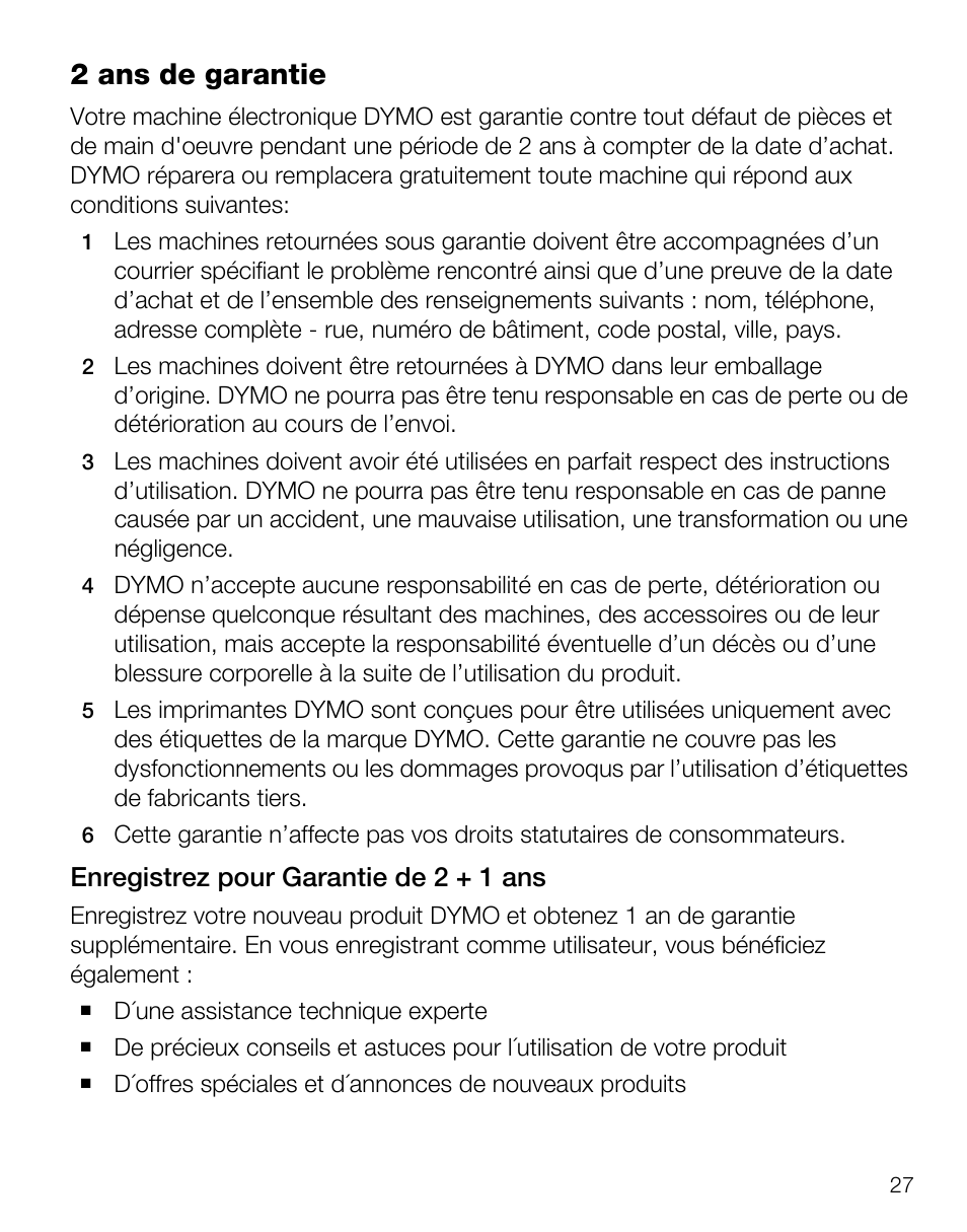 2 ans de garantie, Enregistrez pour garantie de 2 + 1 ans | Dymo LabelManager Wireless PnP Quick Start Guide User Manual | Page 31 / 62