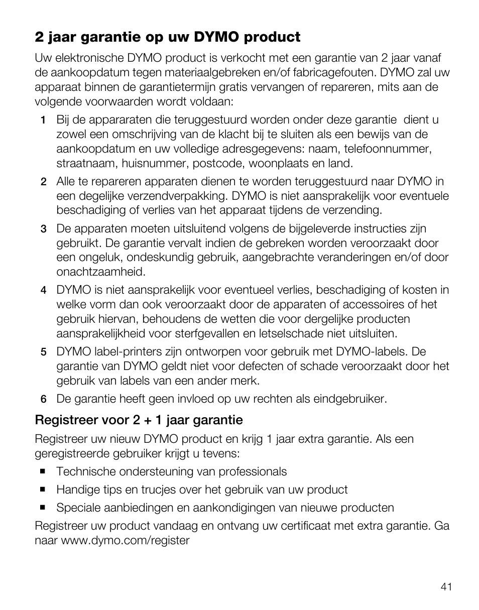 2 jaar garantie op uw dymo product, Registreer voor 2 + 1 jaar garantie | Dymo LabelManager Wireless PnP Quick Start Guide User Manual | Page 45 / 62