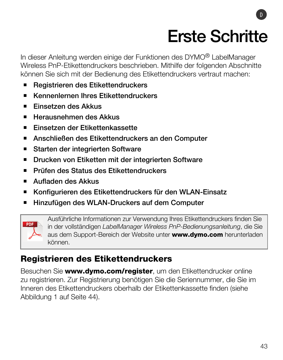 Erste schritte, Registrieren des etikettendruckers | Dymo LabelManager Wireless PnP Quick Start Guide User Manual | Page 47 / 62