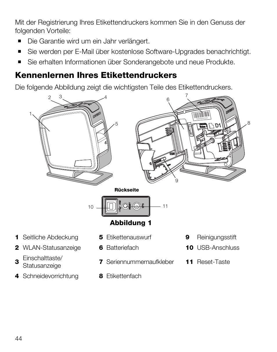 Kennenlernen ihres etikettendruckers, Abbildung 1 | Dymo LabelManager Wireless PnP Quick Start Guide User Manual | Page 48 / 62