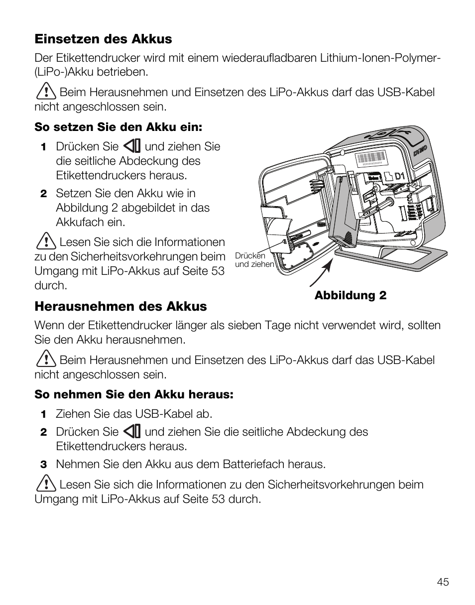 Einsetzen des akkus, Herausnehmen des akkus | Dymo LabelManager Wireless PnP Quick Start Guide User Manual | Page 49 / 62