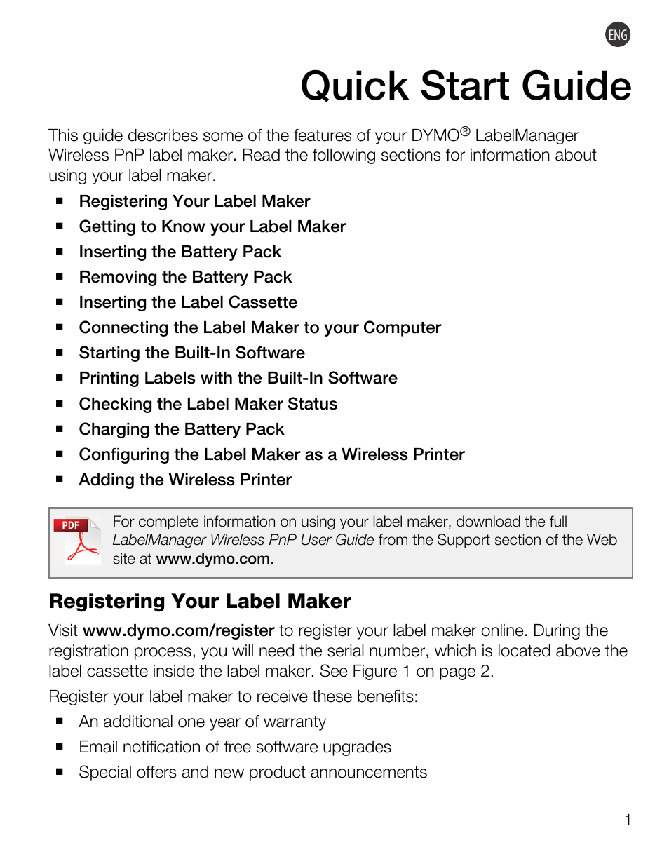 Quick start guide, Registering your label maker | Dymo LabelManager Wireless PnP Quick Start Guide User Manual | Page 5 / 62