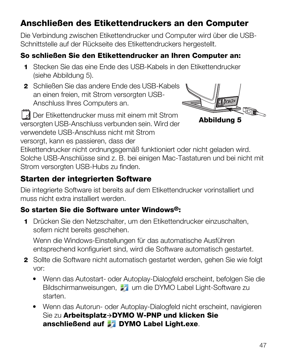 Anschließen des etikettendruckers an den computer, Starten der integrierten software | Dymo LabelManager Wireless PnP Quick Start Guide User Manual | Page 51 / 62