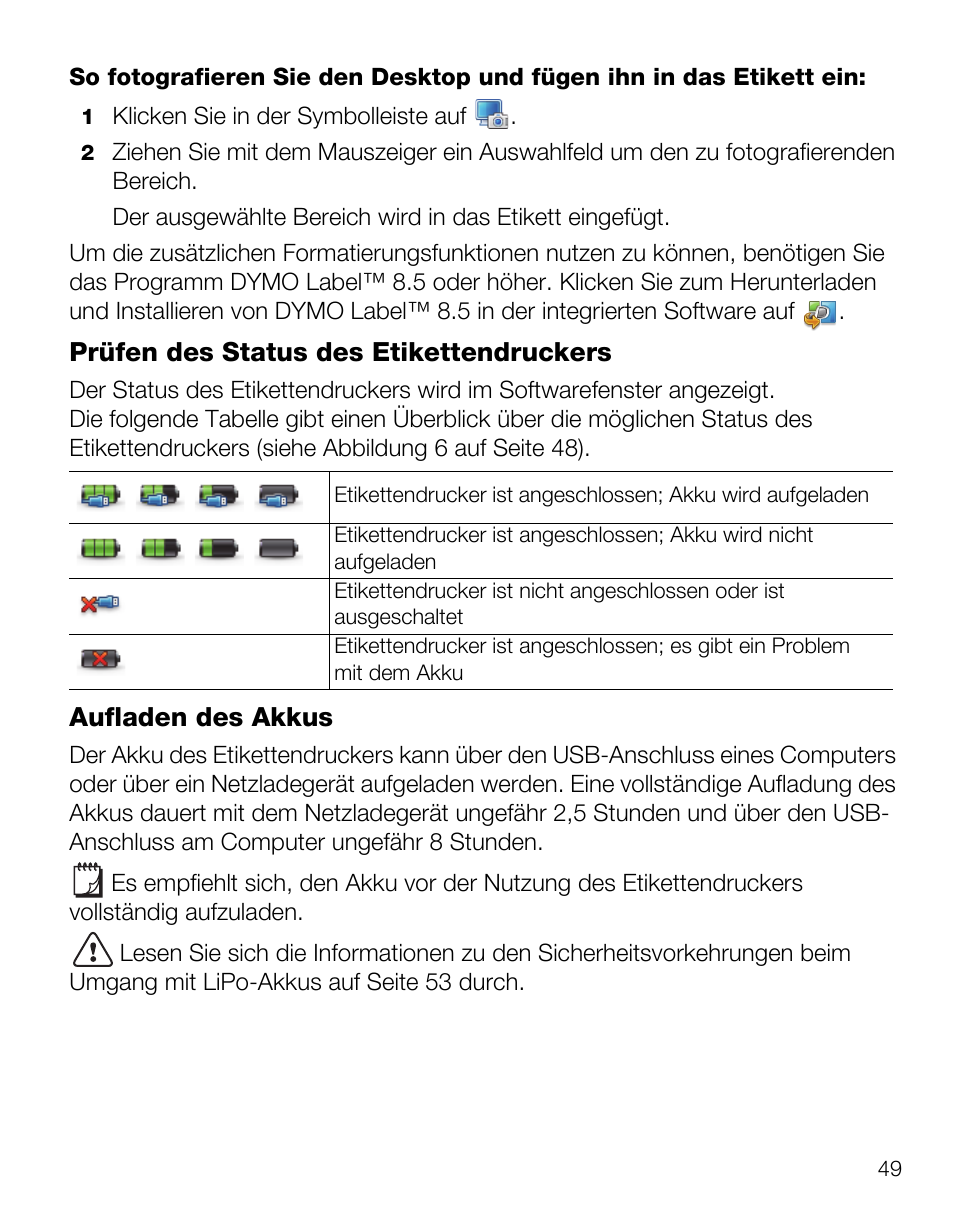 Prüfen des status des etikettendruckers, Aufladen des akkus | Dymo LabelManager Wireless PnP Quick Start Guide User Manual | Page 53 / 62