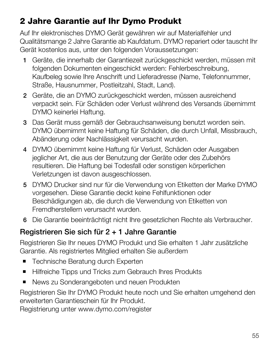2 jahre garantie auf ihr dymo produkt, Registrieren sie sich für 2 + 1 jahre garantie | Dymo LabelManager Wireless PnP Quick Start Guide User Manual | Page 59 / 62