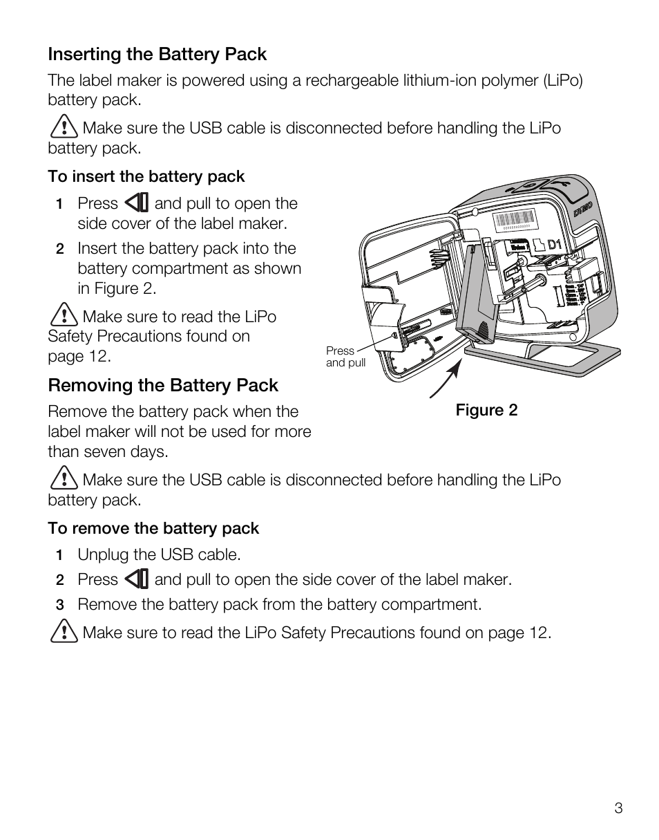 Inserting the battery pack, Removing the battery pack | Dymo LabelManager Wireless PnP Quick Start Guide User Manual | Page 7 / 62