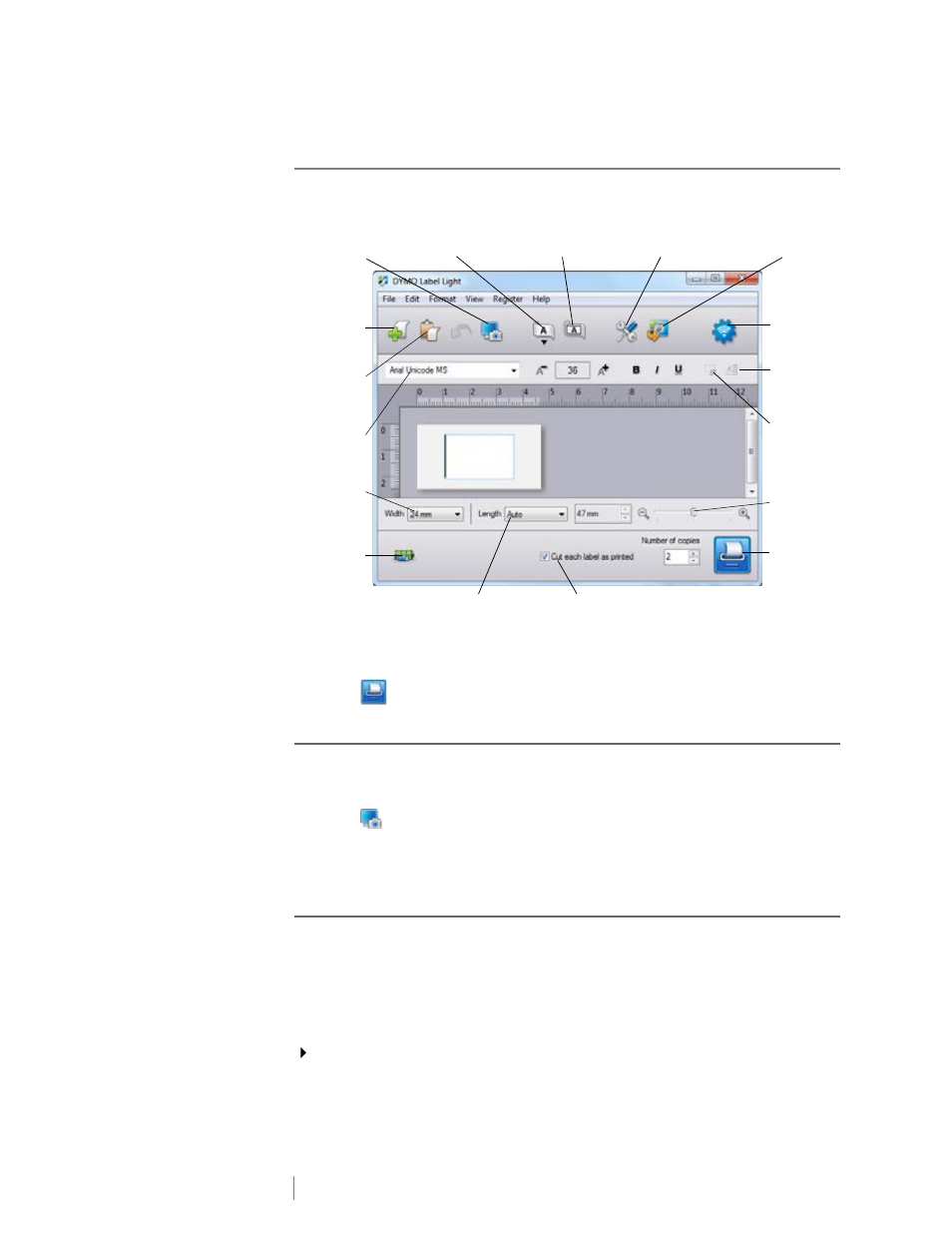 Printing labels with the built-in software, Capturing and inserting an image, Using the auto-cut feature | Dymo LabelManager Wireless PnP User Guide User Manual | Page 11 / 25