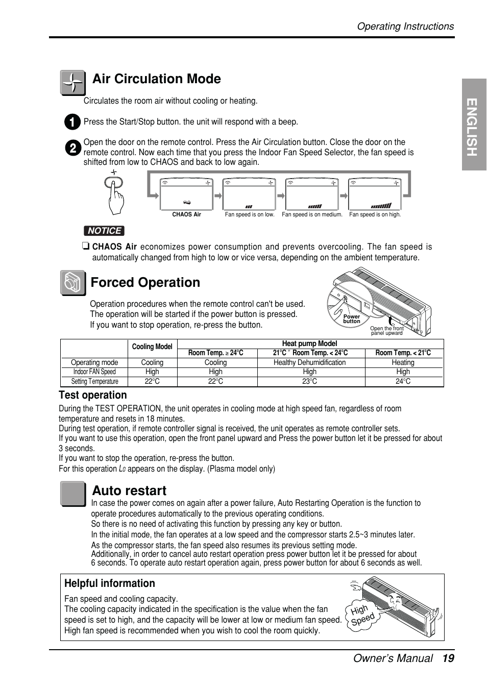 English, Air circulation mode, Forced operation | Auto restart (optional), Owner’s manual 19, Test operation, Helpful information | Beko LG-BKE 6450 D User Manual | Page 19 / 23