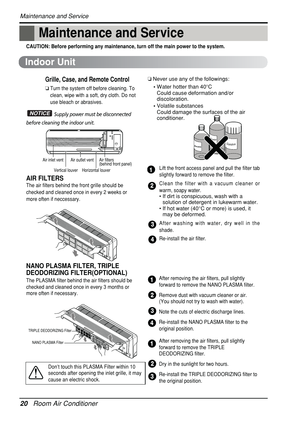 Maintenance and service, Indoor unit | Beko LG-BKE 6450 D User Manual | Page 20 / 23