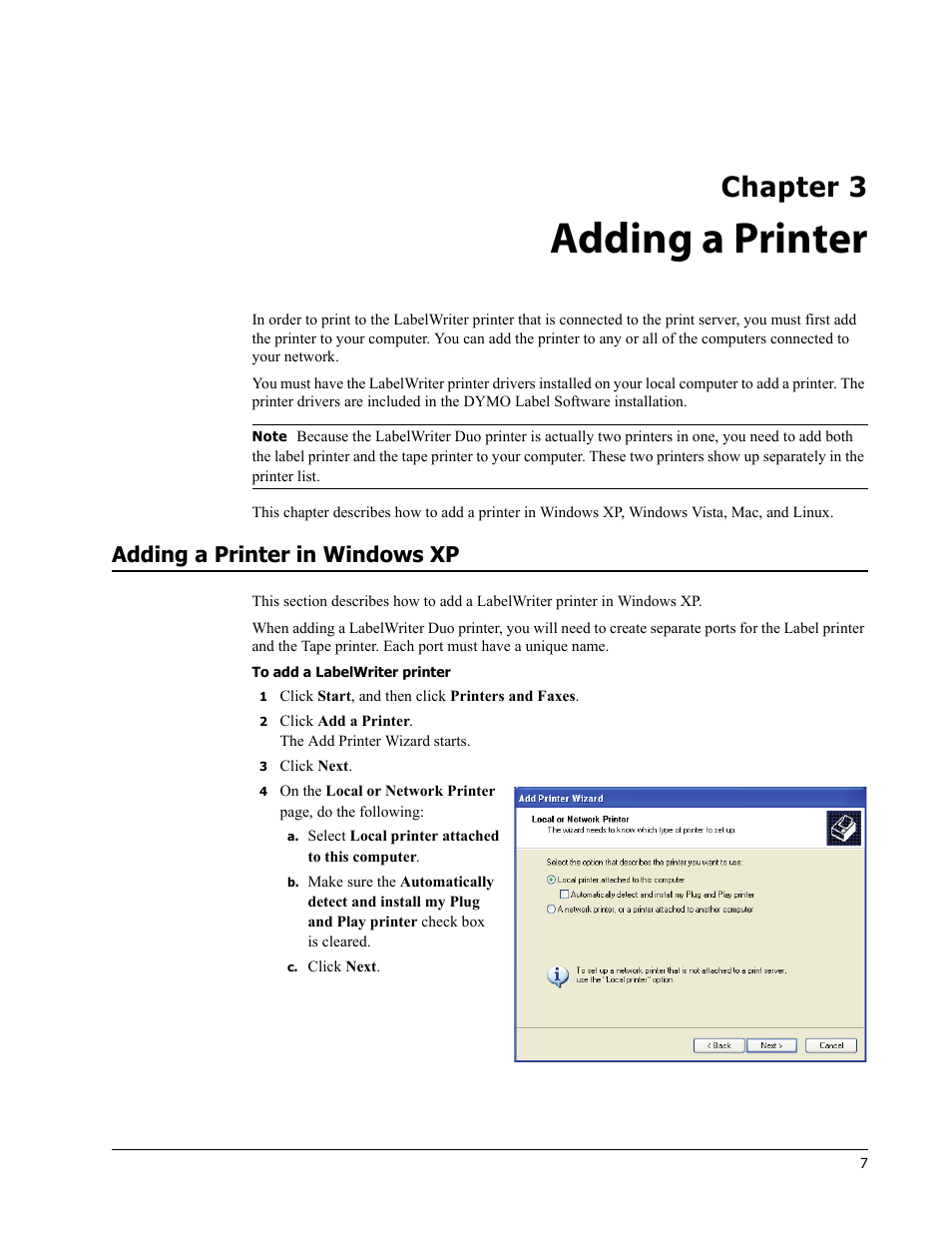 Adding a printer, Adding a printer in windows xp, Chapter 3 | Dymo LabelWriter Print Server User Manual | Page 11 / 34