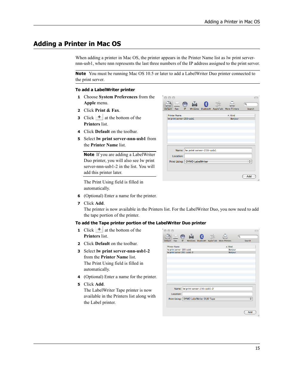 Adding a printer in mac os | Dymo LabelWriter Print Server User Manual | Page 19 / 34