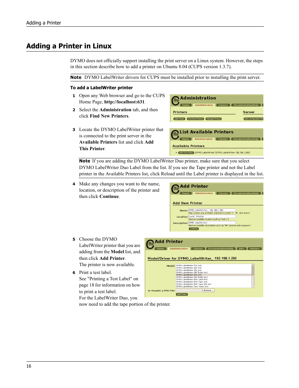 Adding a printer in linux | Dymo LabelWriter Print Server User Manual | Page 20 / 34