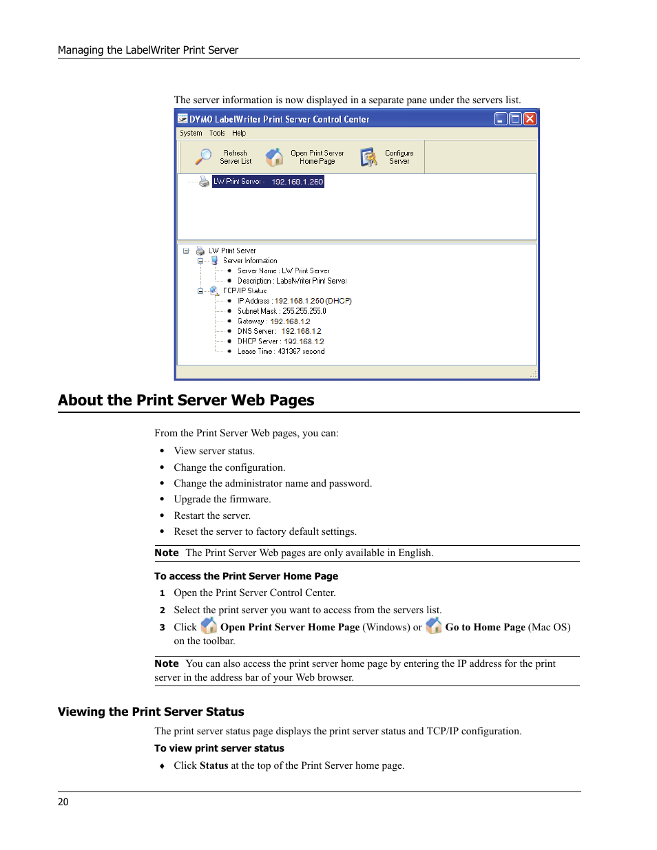 Viewing the print server status, About the print server web pages | Dymo LabelWriter Print Server User Manual | Page 24 / 34