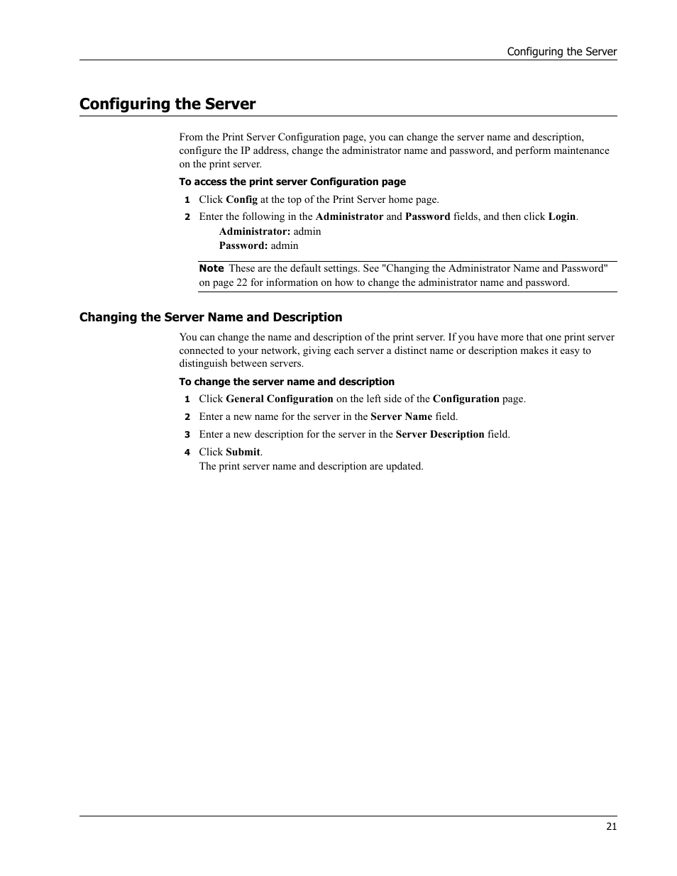 Configuring the server, Changing the server name and description | Dymo LabelWriter Print Server User Manual | Page 25 / 34