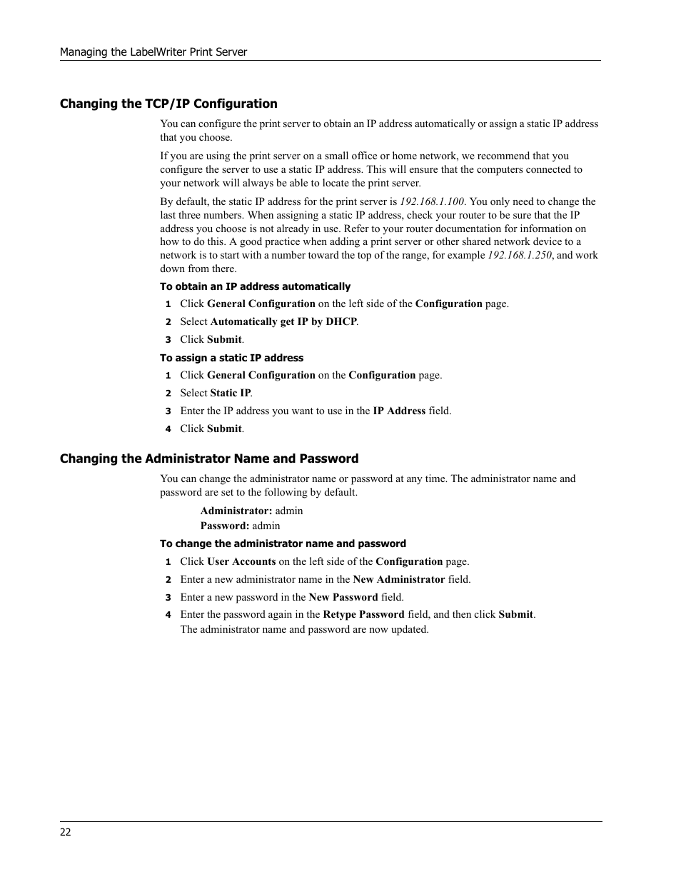 Changing the tcp/ip configuration, Changing the administrator name and password | Dymo LabelWriter Print Server User Manual | Page 26 / 34