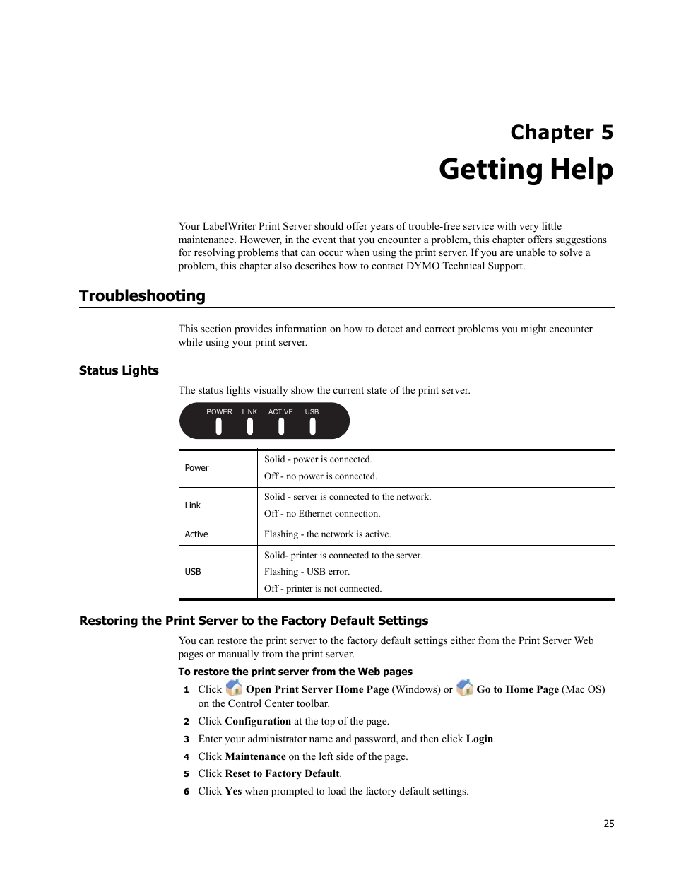 Getting help, Troubleshooting, Status lights | Chapter 5 | Dymo LabelWriter Print Server User Manual | Page 29 / 34