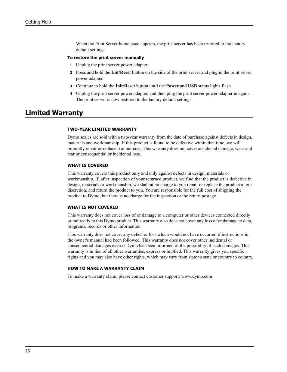 Limited warranty, Two-year limited warranty, What is covered | What is not covered, How to make a warranty claim | Dymo LabelWriter Print Server User Manual | Page 30 / 34