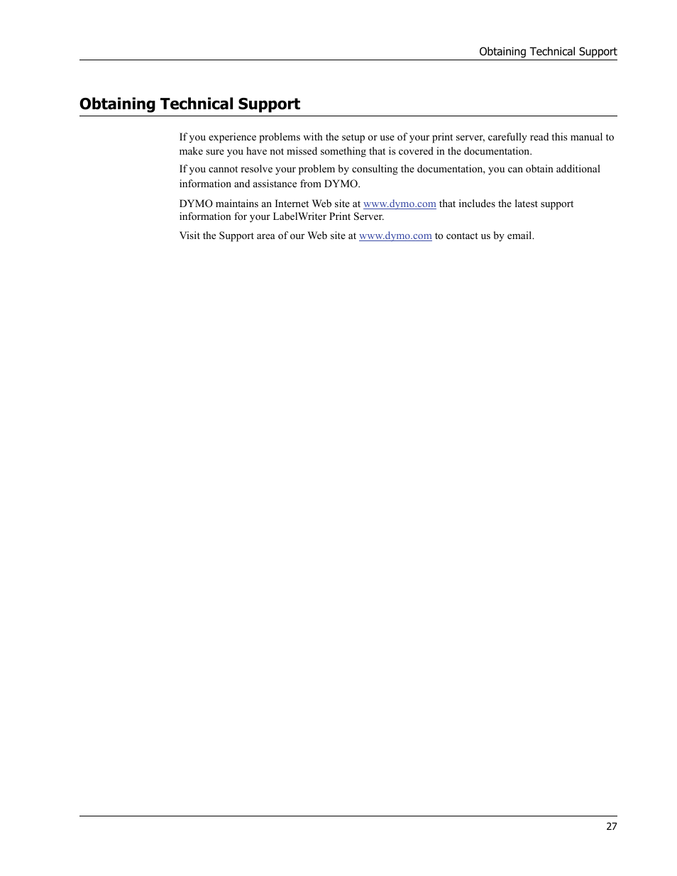 Obtaining technical support | Dymo LabelWriter Print Server User Manual | Page 31 / 34