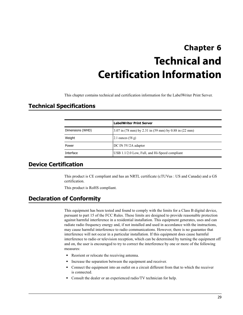 Technical and certification information, Technical specifications, Device certification | Declaration of conformity, Technical and, Certification, Information, Chapter 6 | Dymo LabelWriter Print Server User Manual | Page 33 / 34