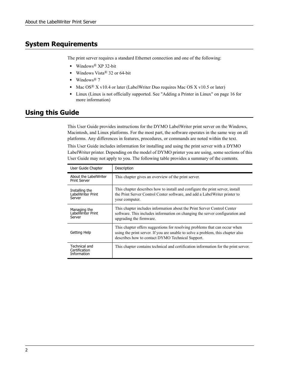 System requirements, Using this guide | Dymo LabelWriter Print Server User Manual | Page 6 / 34