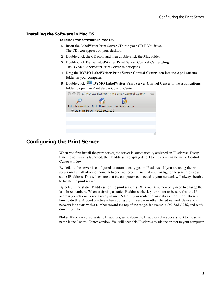 Installing the software in mac os, Configuring the print server | Dymo LabelWriter Print Server User Manual | Page 9 / 34