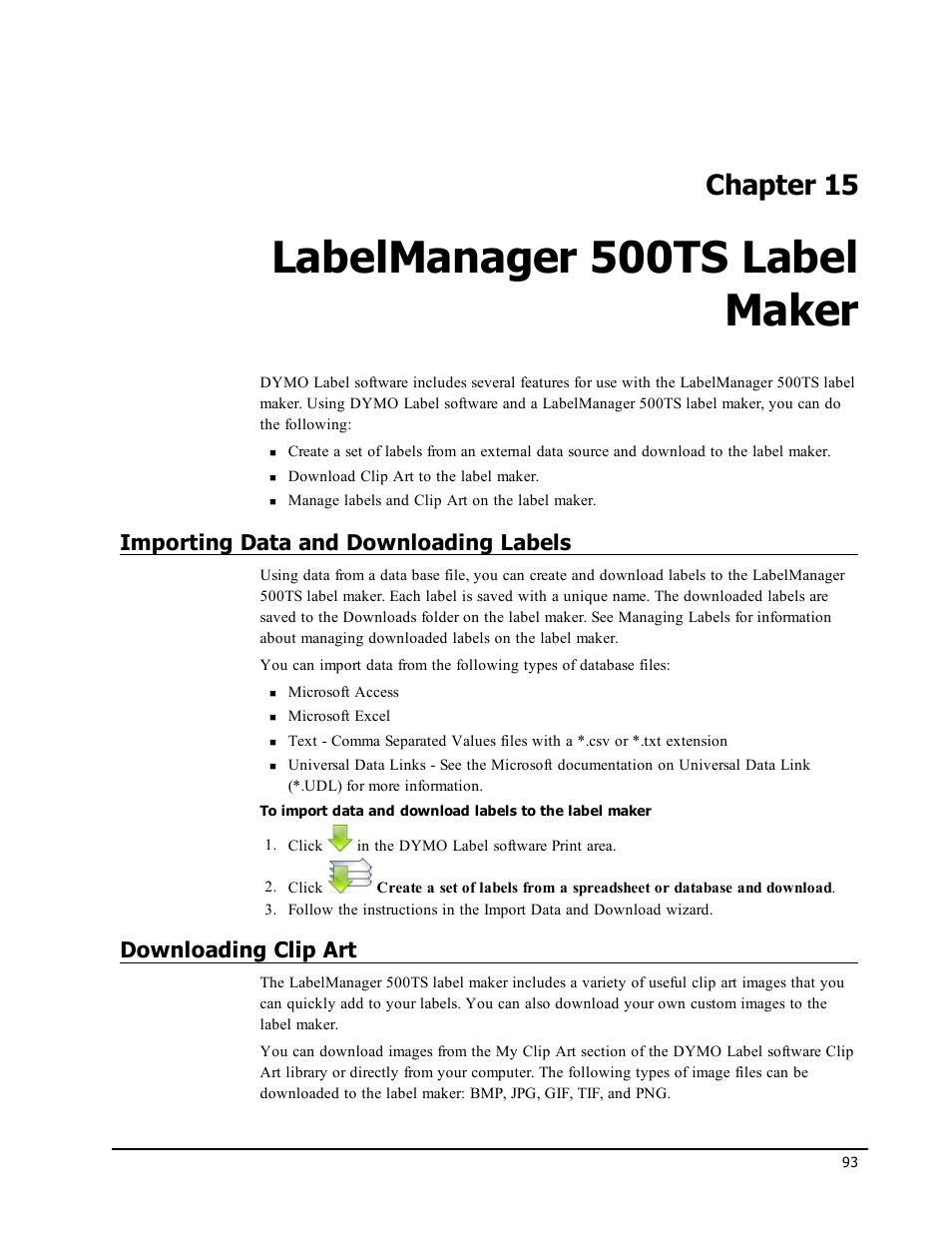 Labelmanager 500ts label maker, Importing data and downloading labels, Downloading clip art | Chapter 15 | Dymo LabelWriter 450 Turbo Software Manual User Manual | Page 101 / 118