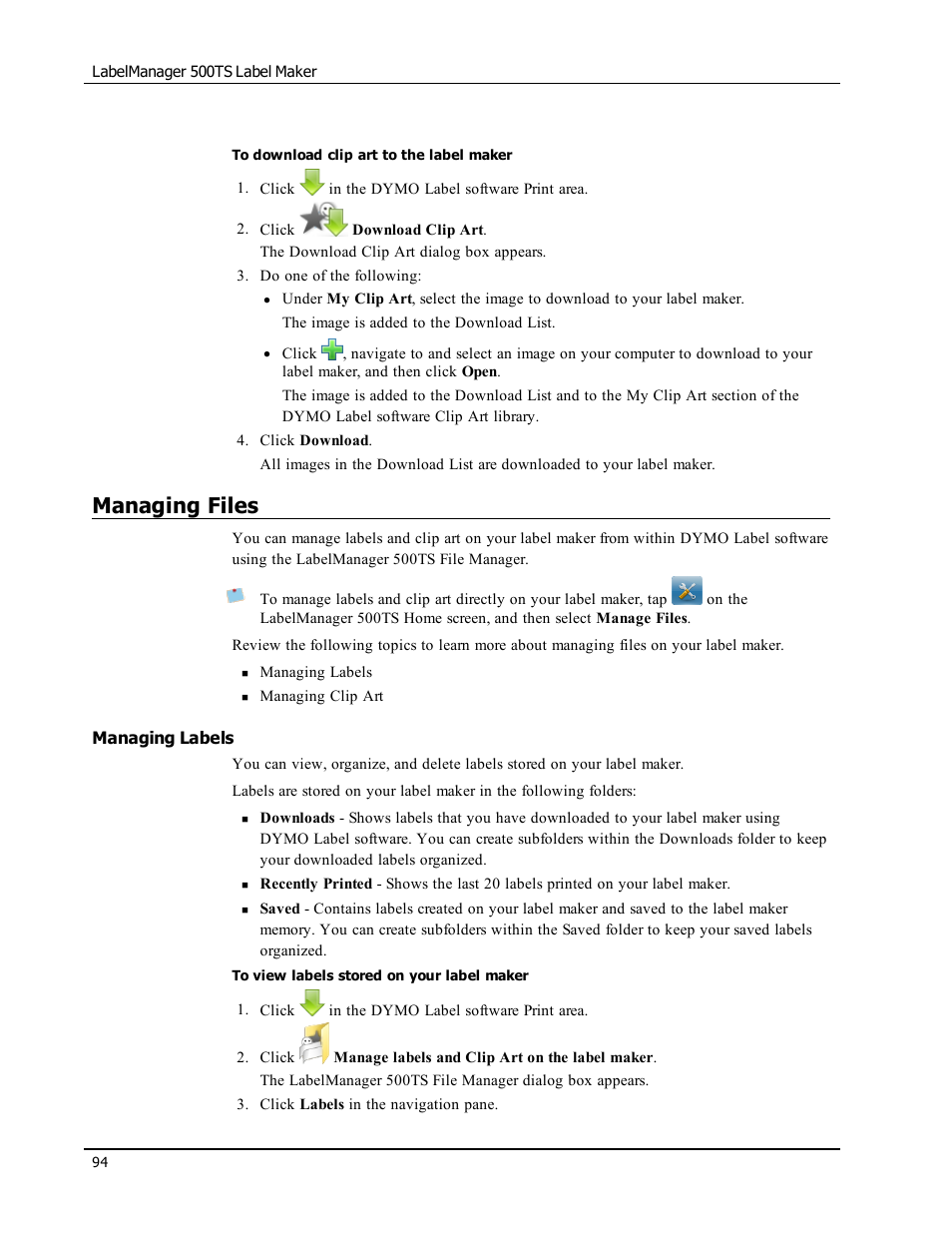 Managing files, Managing labels, Manage labels and clip art on the label maker | Dymo LabelWriter 450 Turbo Software Manual User Manual | Page 102 / 118