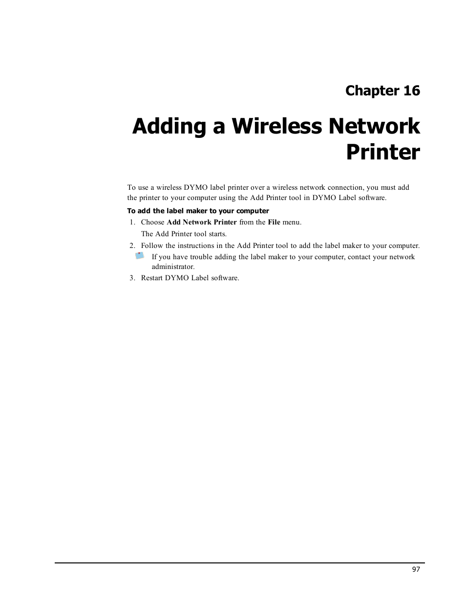 Adding a wireless network printer, Chapter 16 | Dymo LabelWriter 450 Turbo Software Manual User Manual | Page 105 / 118