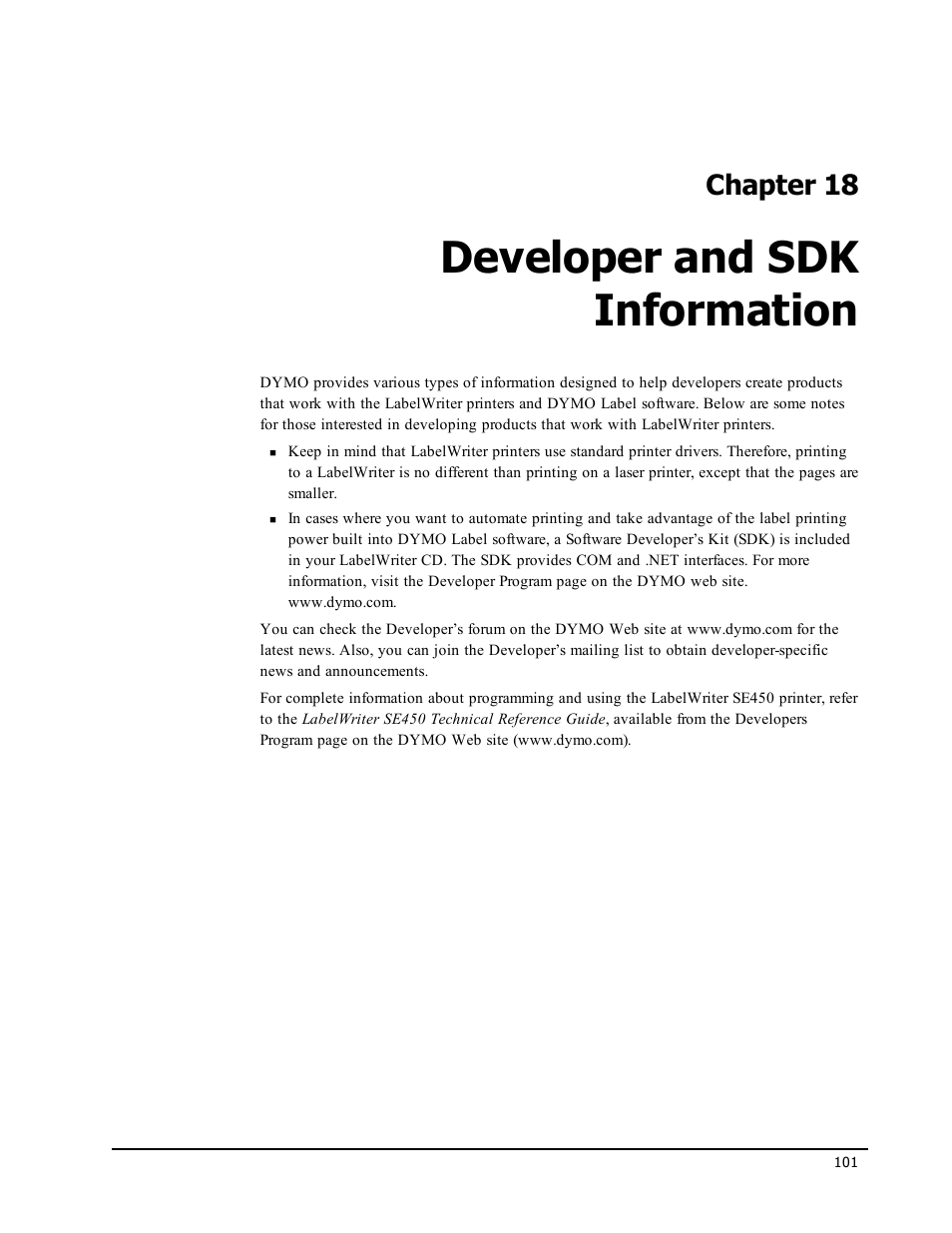 Developer and sdk information, Chapter 18 | Dymo LabelWriter 450 Turbo Software Manual User Manual | Page 109 / 118