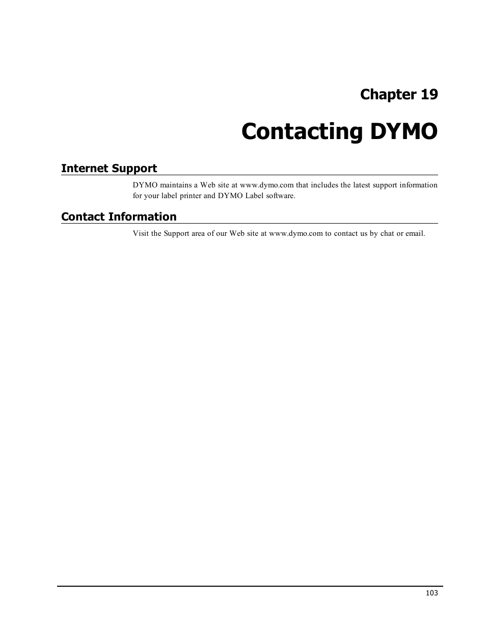 Contacting dymo, Internet support, Contact information | Chapter 19 | Dymo LabelWriter 450 Turbo Software Manual User Manual | Page 111 / 118