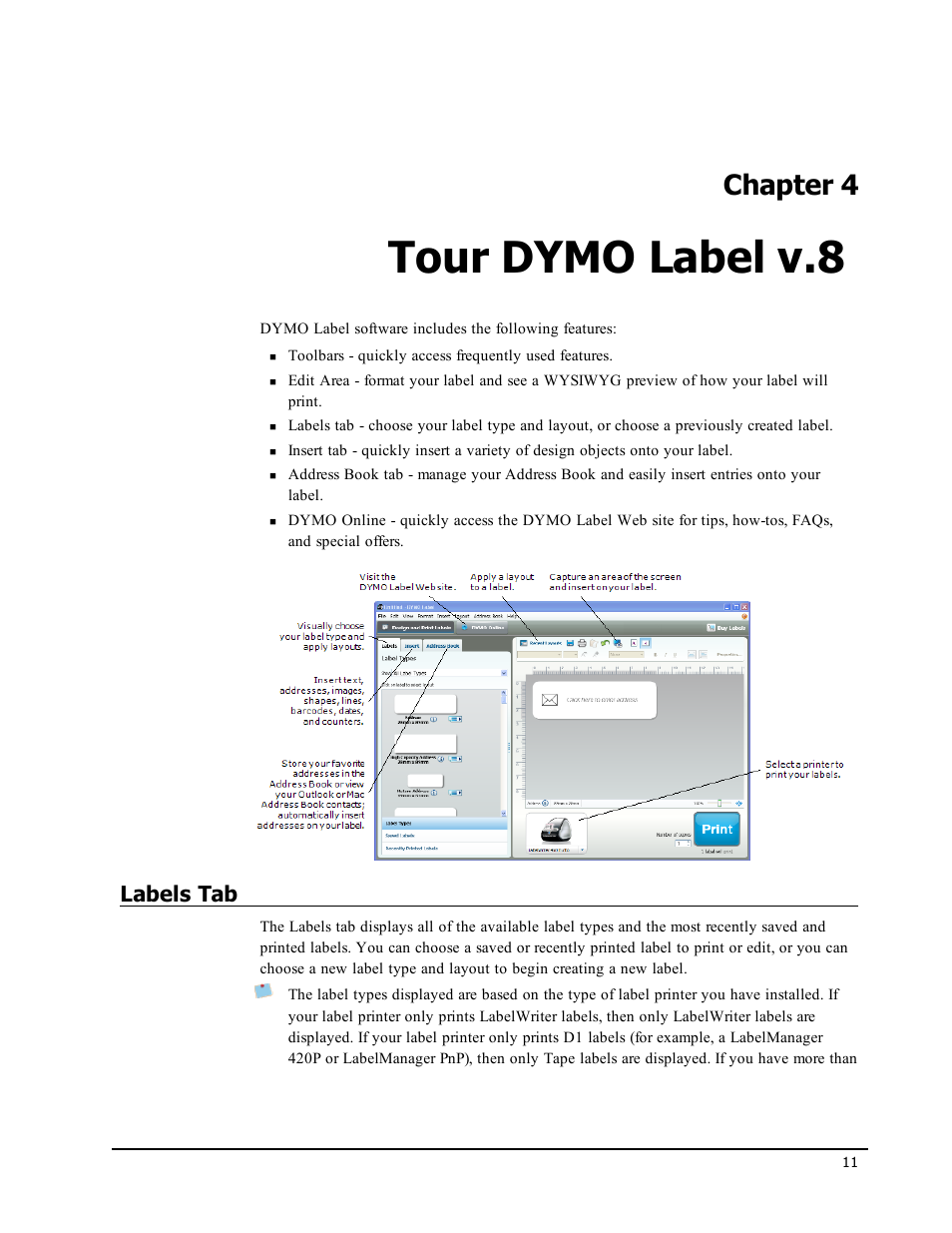 Tour dymo label v.8, Labels tab, Chapter 4 | Dymo LabelWriter 450 Turbo Software Manual User Manual | Page 19 / 118