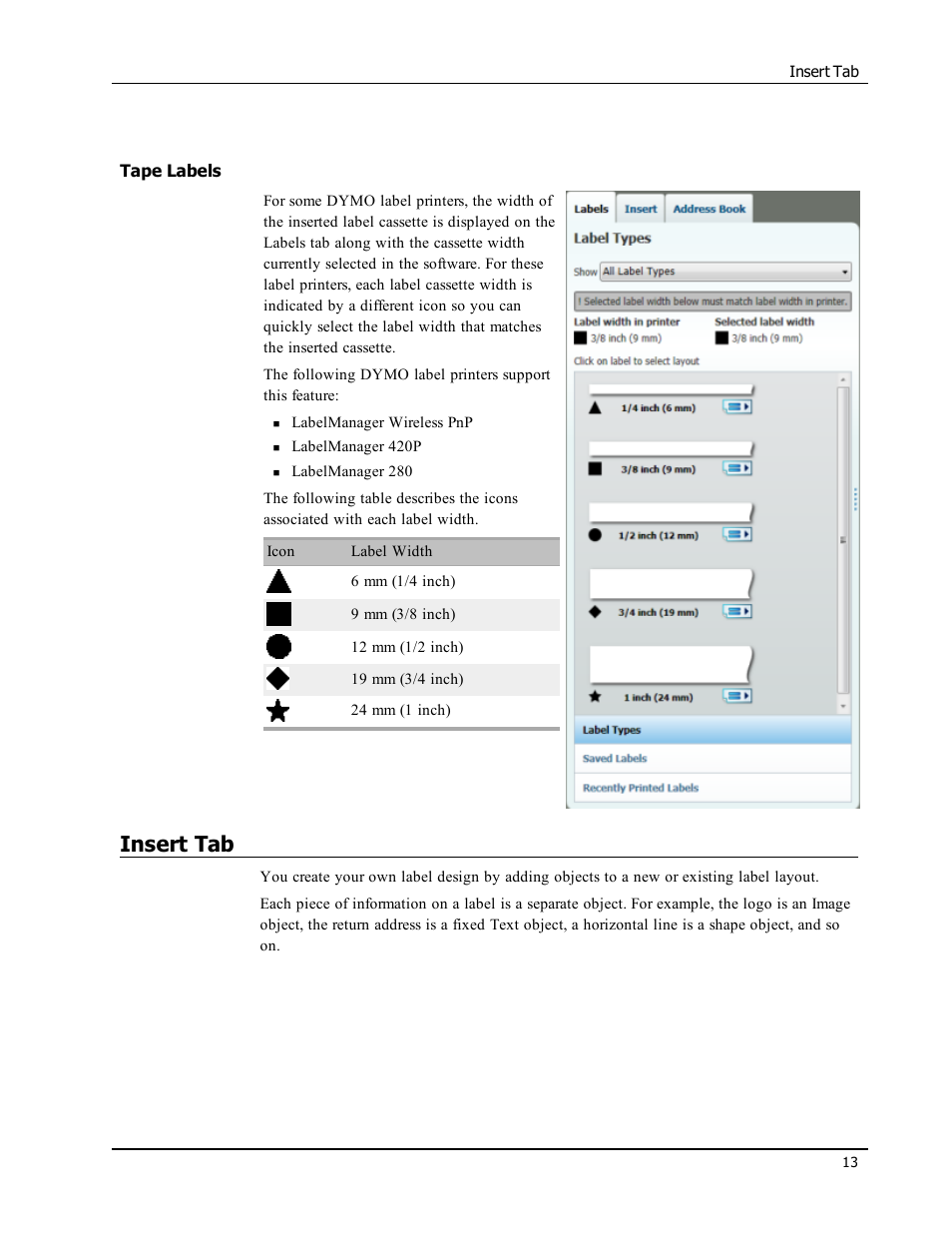 Tape labels, Insert tab | Dymo LabelWriter 450 Turbo Software Manual User Manual | Page 21 / 118